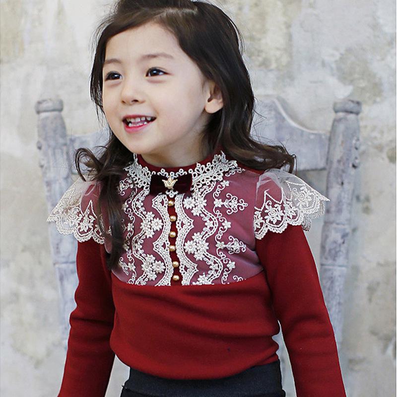 Girls' Thickened Lace Beaded Warm Fleece-lined Winter T-shirt