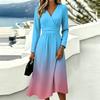 Women's Gradient Print Long Sleeve V-Neck Dress with Pockets Casual Fashionable
