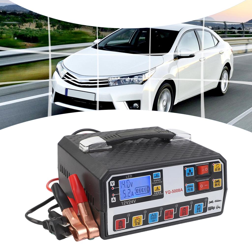 Car Battery Charger 12V 24V 500A Intelligent Pulse Repair Technology with LCD Display and Reverse Connection Protection