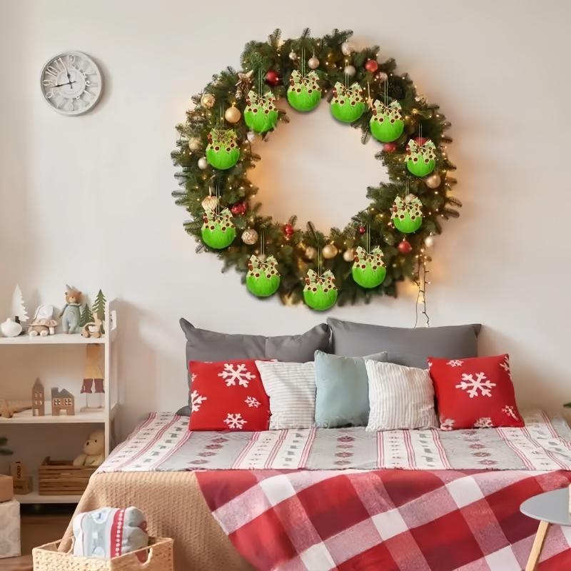 1-12PCS Green Furry Christmas Ball Ornaments with Bow for Tree Christmas Hanging Decor Soft Faux Fur Pom Ball Home Party Supply