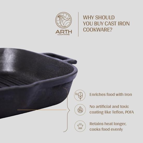 Arth The 10 Inch Pre-Seasoned Cast Iron Grill Pan, Natural Non-Stick, Raised Ridges | 100% Chemical and Toxic Free