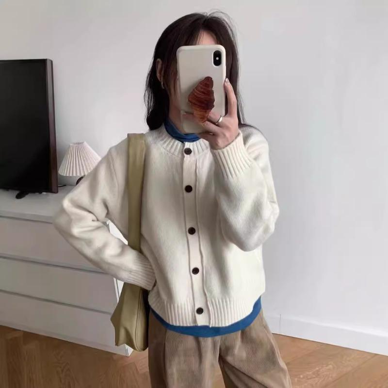 Real Shot Net Color Round Neck Loose Single-breasted Coat Women's Retro Simple Long-sleeved Cardigan Jacket Lazy Wind Top