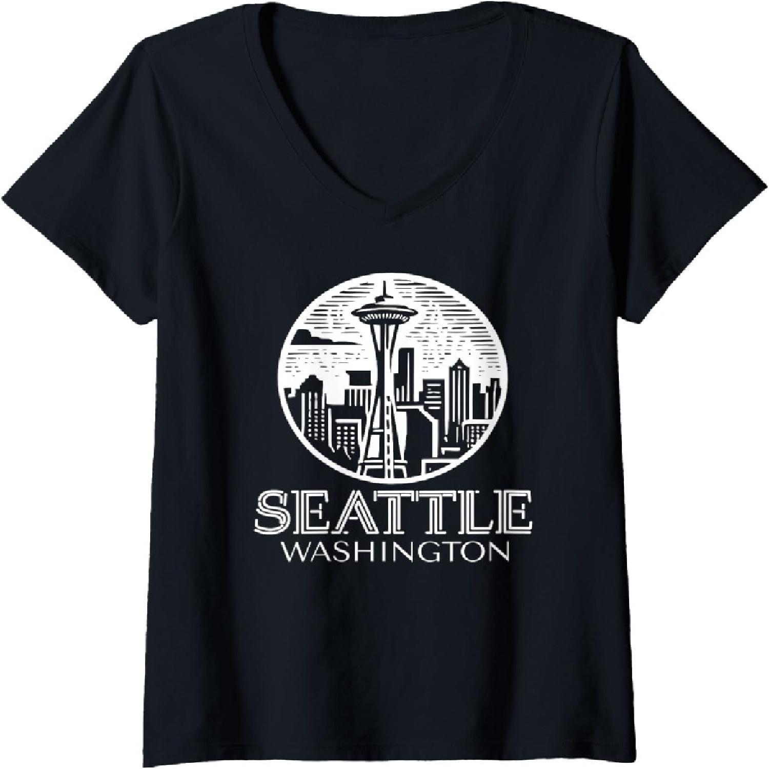Womens Iconic Seattle Skyline Washington State V-Neck T-Shirt S