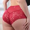 Dámské sexy červené krajkové kalhotky nadměrné velikosti s květinovými detaily ze síťoviny – měkké, prodyšné a pohodlné spodní prádlo s vysokým pasem