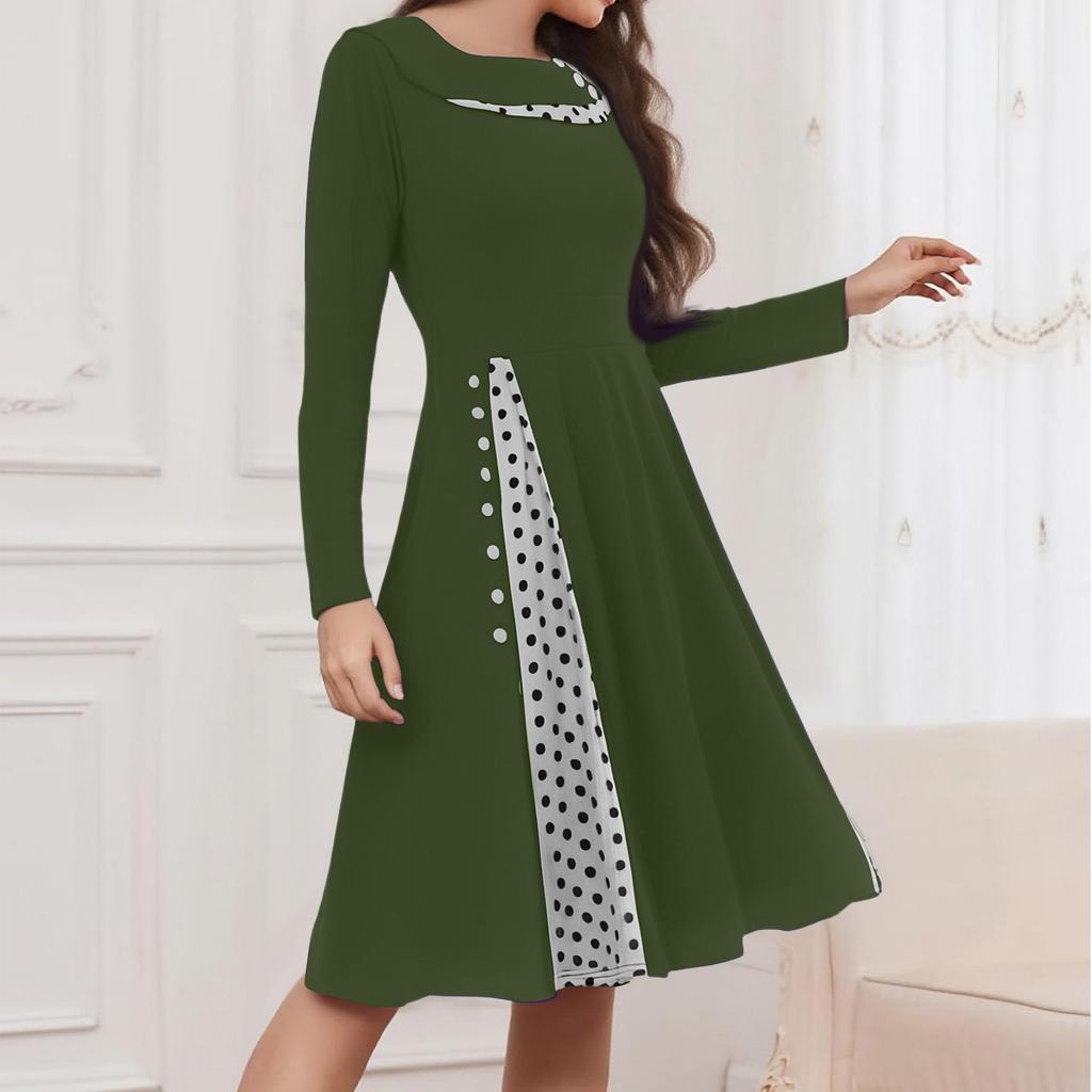 Ladies' Fashionable Retro Long Sleeved Round Neck Polka Dot Printed Dot Dress