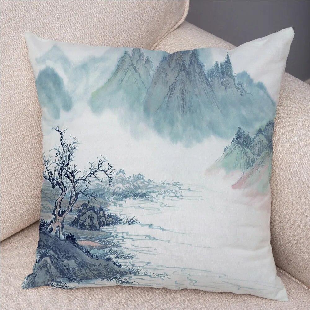 

Спальня, гостиная, украшение, китайские чернила, пейзаж, наволочка, зеленая печать, диван, домашний декор, подушка 40x40cm