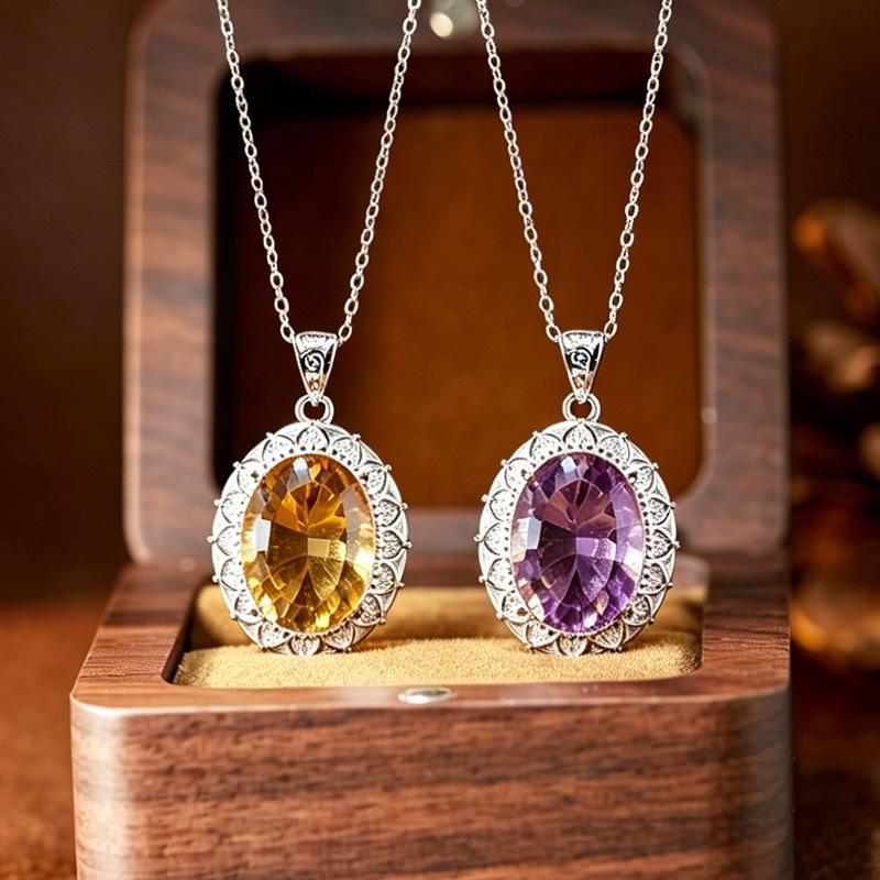 Large Carat Natural Citrine Amethyst Pendant Necklace for Women, S925 Silver with Colored Gemstones