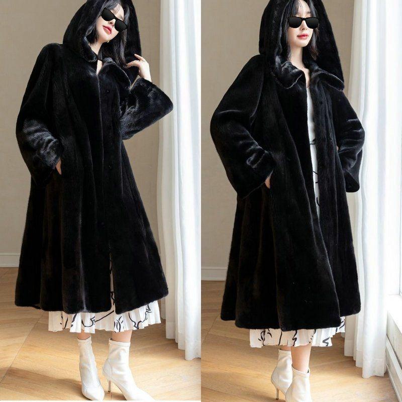 Leopard Print Plus Long Over-knee Imitation Mink Fleece Fur Coat Hooded Jacket Women's Autumn and Winter New