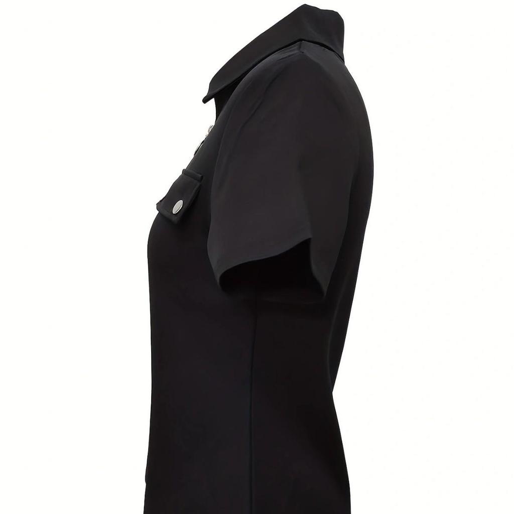 Women's Summer Short-sleeved Zipper Lapel Black T-shirt