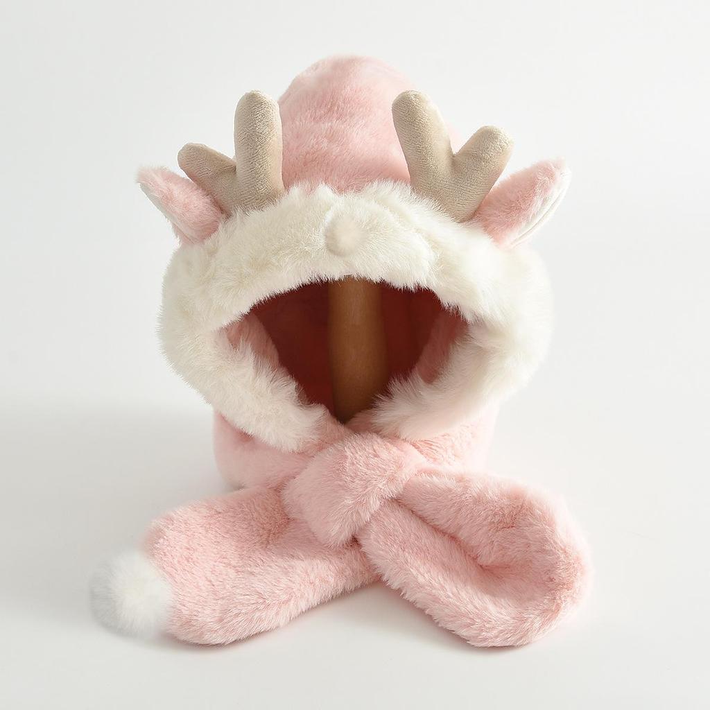 Children's Plush Antler Hat & Scarf Set: Windproof, Thickened Ear Protection for Outdoor Cycling