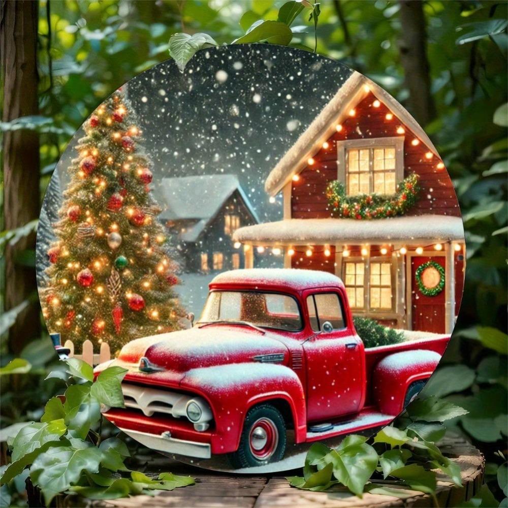 Charming Round Iron Wall Art Snowy Red Truck Christmas Wreath Home Garden Gift
