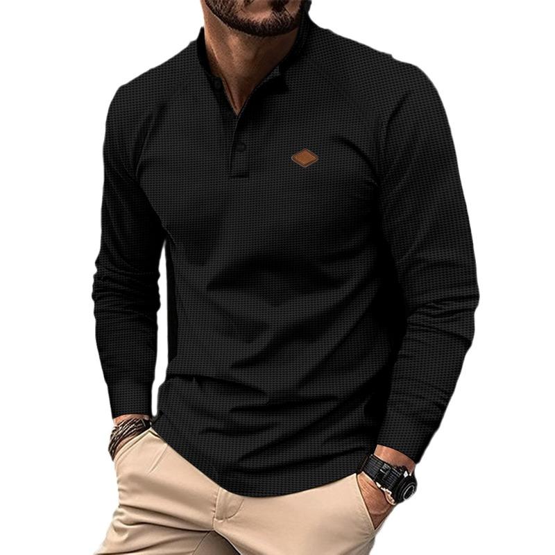 Autumn Men's Cross-border New Youth Waffle Solid Color Button-down Lapel Long-sleeved POLO Shirt