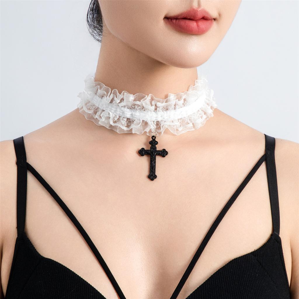 Lace Choker Necklace with Cross Pendant Adjustable Length Gothic Style Neckband for Women and Teens Fashion Accessory