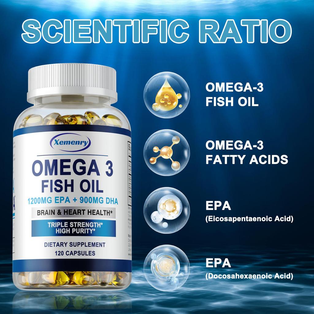 Premium Omega-3 fish oil capsules, rich in EPA 1200mg + DHA 900mg, promote brain, heart and eye health, and boost immunity.