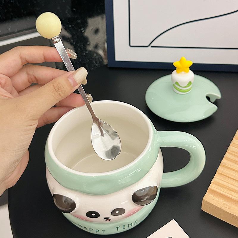 Cartoon Cute Sandwich Biscuit Ceramic Mug with Lid Spoon Cute Water Cup As A Gift for Girlfriends