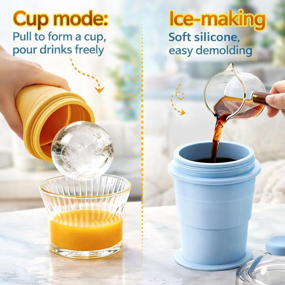2-in-1 Collapsible Silicone Ice Ball Maker Cup, Reusable Portable Ice Sphere Mold with Straw & Lid, Easy Demolding, Leakproof