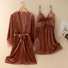 New Autumn Velvet Pajamas Two-piece Robe Set Feminine Lace See-through Robe Bathrobe Casual Velvet Home Clothes