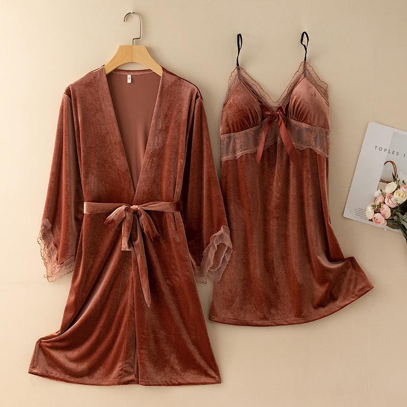 New Autumn Velvet Pajamas Two-piece Robe Set Feminine Lace See-through Robe Bathrobe Casual Velvet Home Clothes