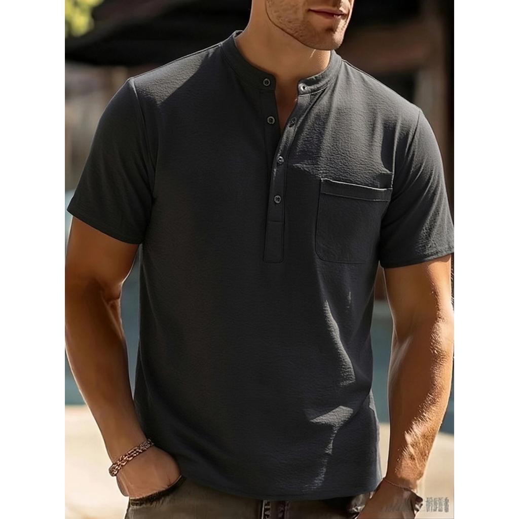 Men's Casual Fashionable -color Single-pocket Short-sleeved T-shirt - Men's Checkered Texture Stand-up Collar Short-sleeved T-shirt