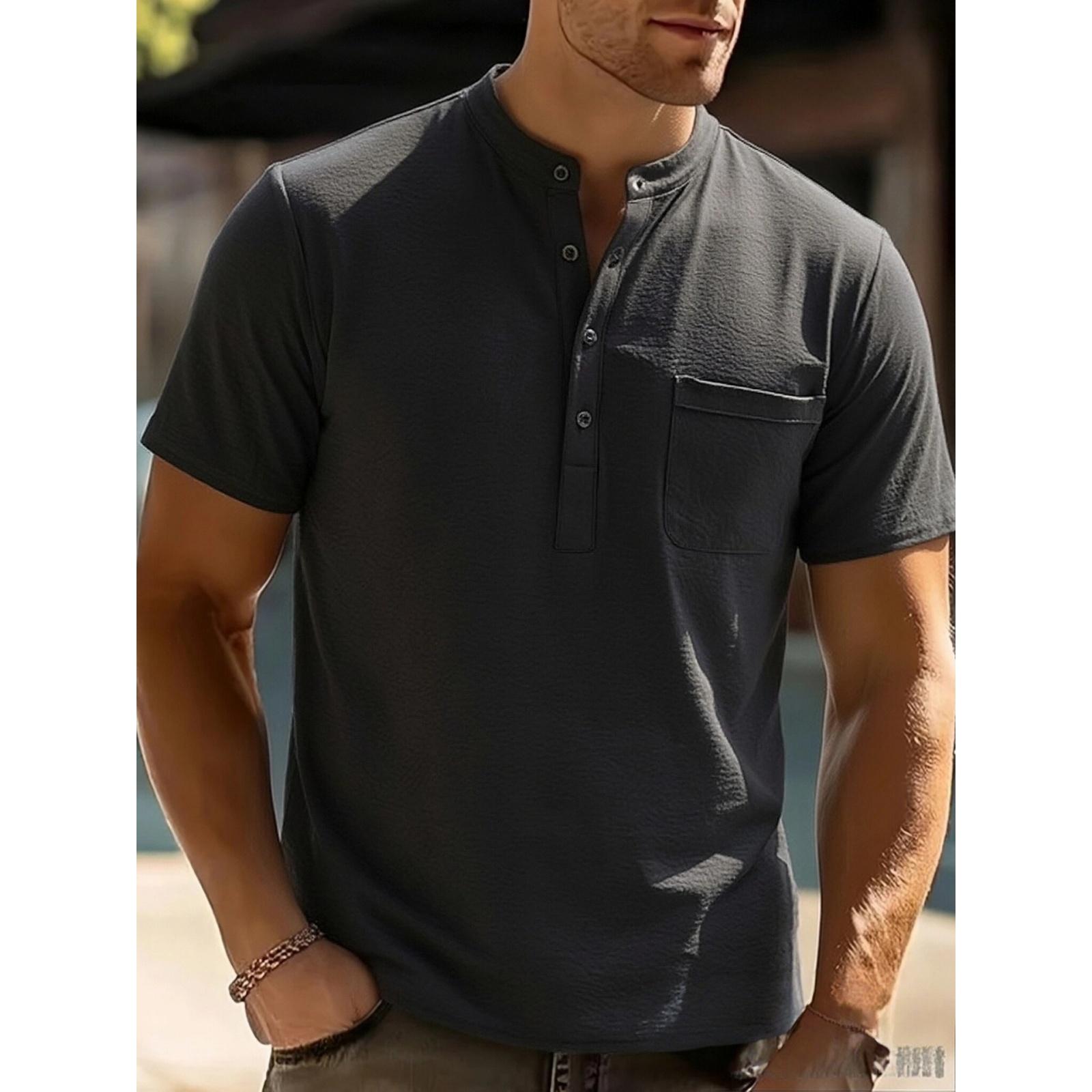 

Men s Casual Fashionable -color Single-pocket Short-sleeved T-shirt - Men s Checkered Texture Stand-up Collar Short-sleeved T-shirt L чёрный
