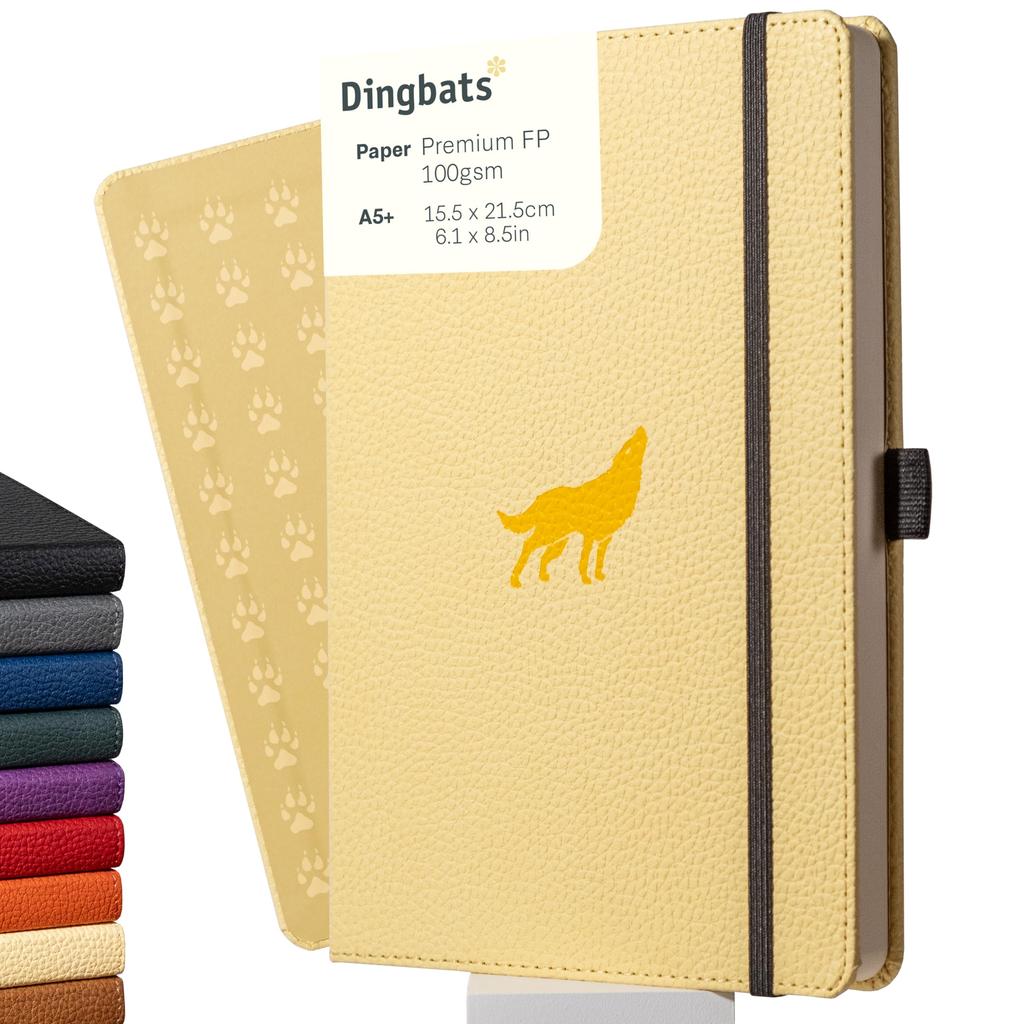 Wildlife Lined Medium Cream Hardcover Cream 100gsm Paper Includes Bookband Bookmark Notebook, Wolf, A5+ - - Ink-Resistant - Pocket, &