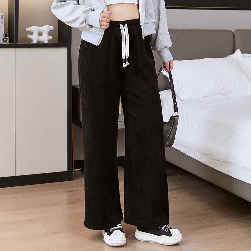Pants for Women Plus Size Thickened Stretchy Elastic High Waist Long Trousers Solid Colour Fleece Casual Wide Leg Pants