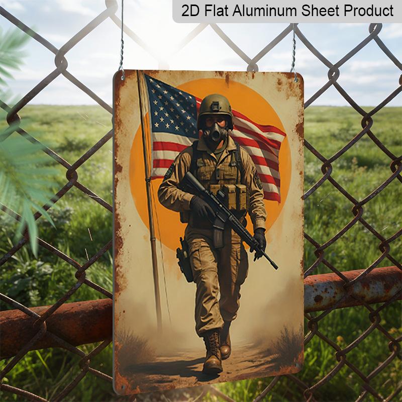 2D Flat Decorative Aluminum Sign Plaque 1pc 8x12 Inch Sign with Message "American Flag and Soldiers" Perfect Room Decor for Veteran Room, Living