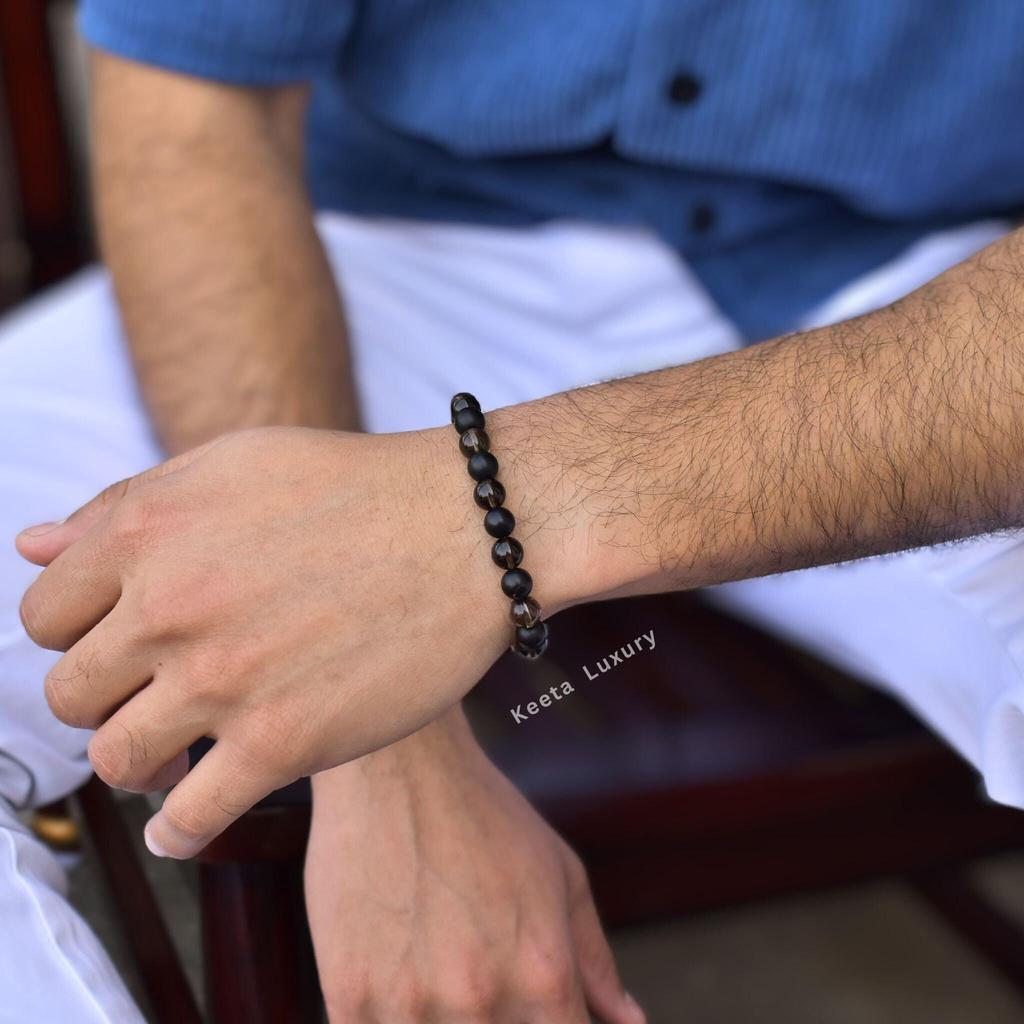 Genuine Smoky Quartz and Onyx beaded bracelet Beaded Gemstone unisex Stretchable Bracelet Healing Gemstones Unique friendship bracelet