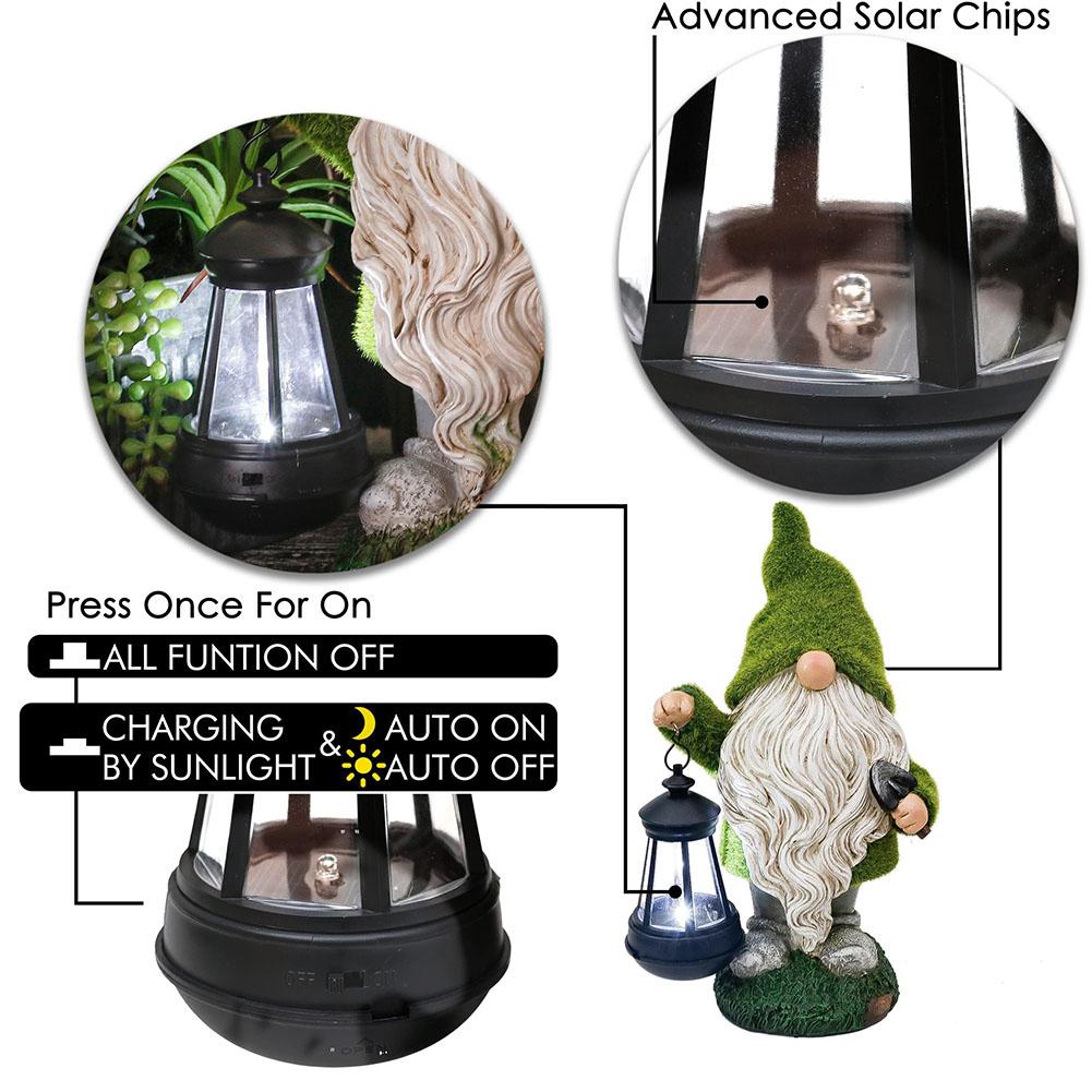 Garden Gnome with Solar Light Decorative Moss Gnome Figurine Waterproof Funny Garden Sculpture for Patio Lawn Yard Balcony