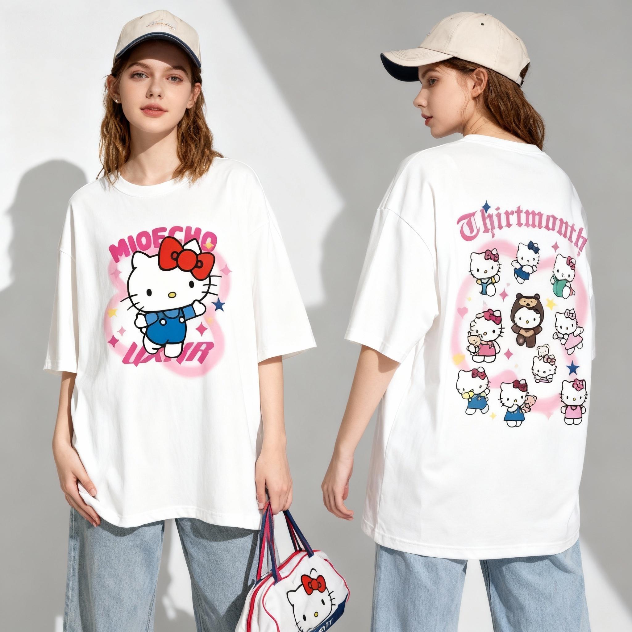 Hello Kitty series T-shirts, sweet and cool American street style summer T-shirts, loose tops. XXS