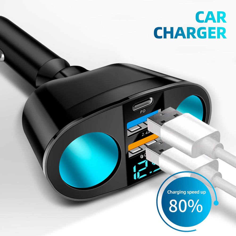 Dual USB Type-C Car Charging Digital Display QC3.0 Fast Charging Multi-function Cigarette Lighter Expansion Car Charger