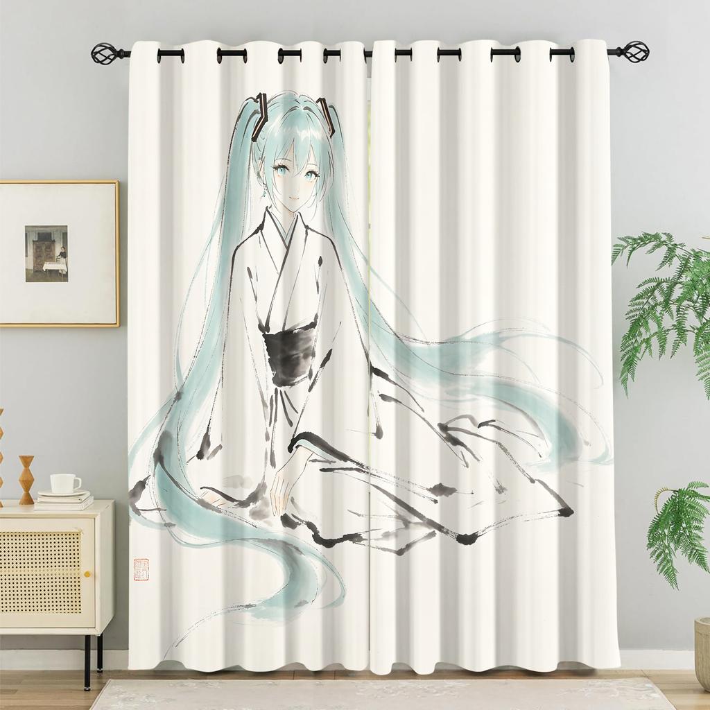 2Pcs Hatsune Miku Sakura Cherry Blossom Blackout Curtains Anime Watercolor Window Drapes Fan Room Esport Room Trendy Decor Gift