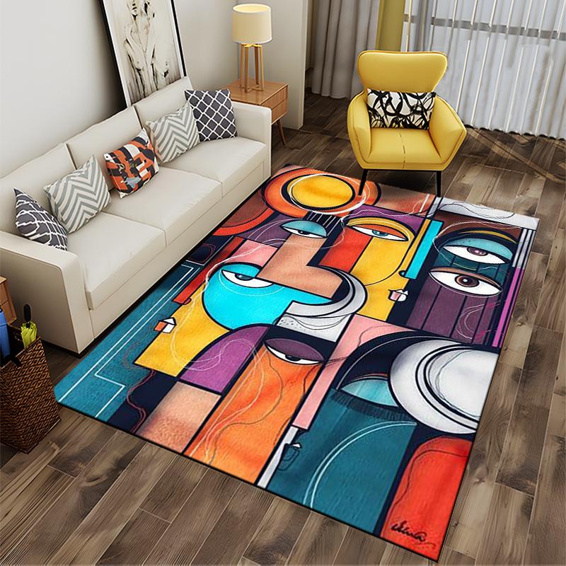 Abstract Multicolor Faces Non-slip Rug—Suitable for Living Room and Bedroom Sofas