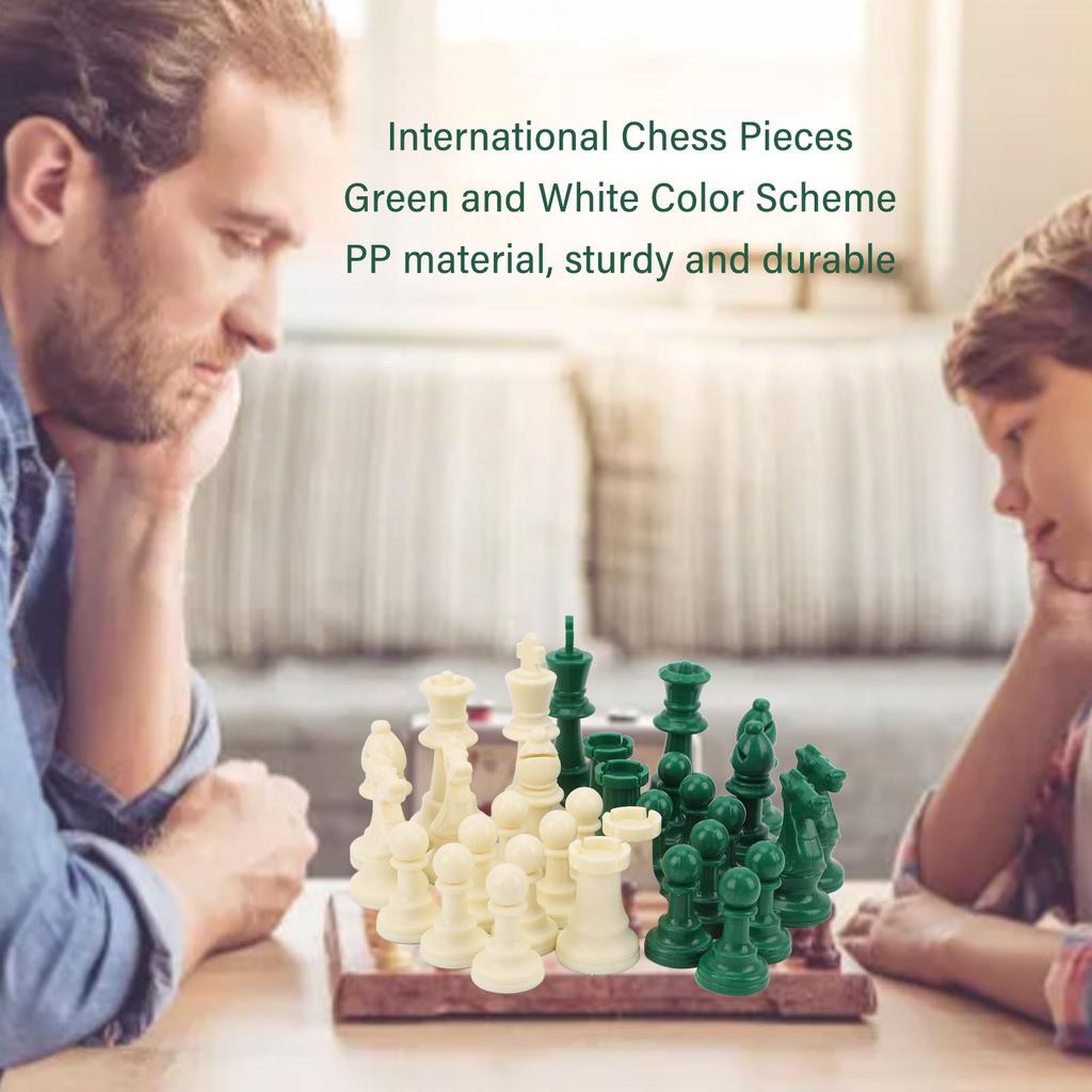 32PCS International Chess Pieces Green and White Chess Figures Felt Bottom Plastic Chess Figurine Piece Set