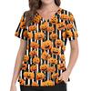 Women V Neck Short Sleeve Scrub Top with Halloween Pumpkin Print Side Slit and Pockets for Uniform