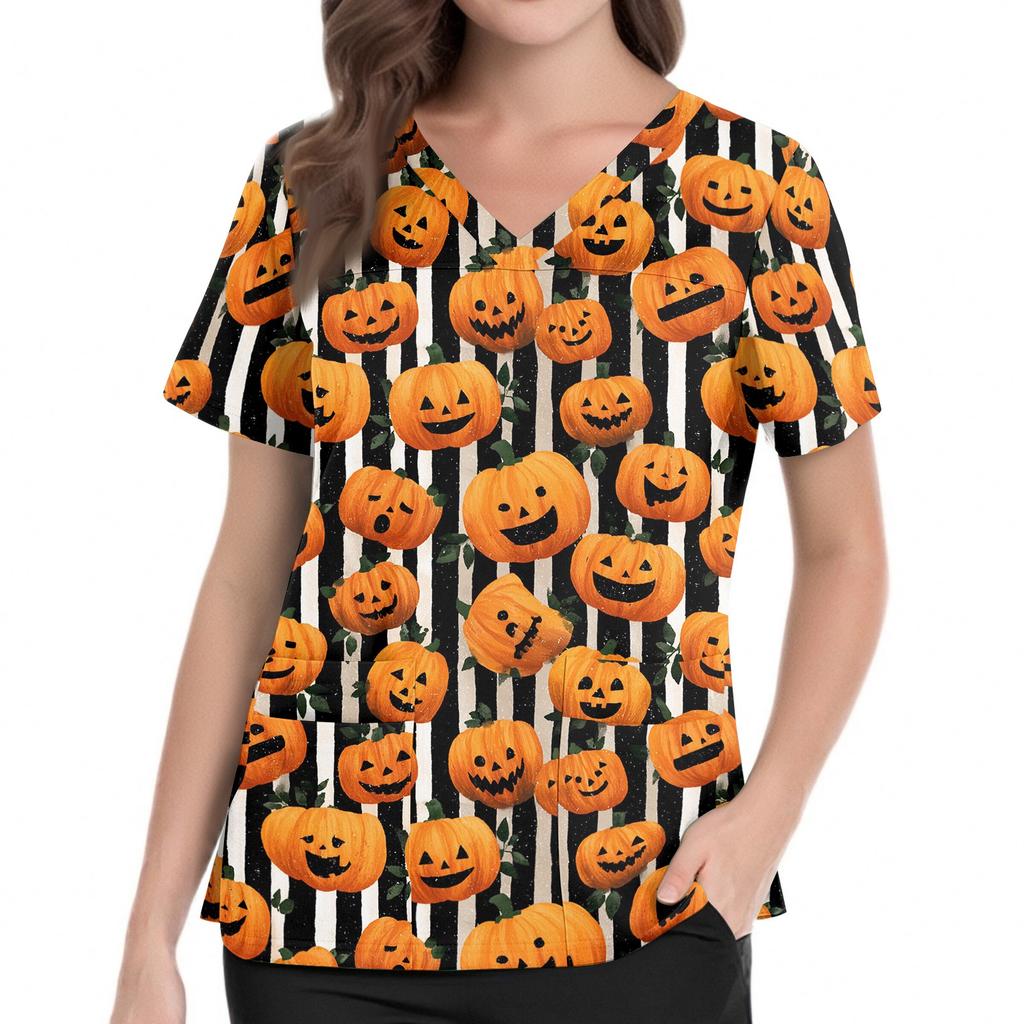Women V Neck Short Sleeve Scrub Top with Halloween Pumpkin Print Side Slit and Pockets for Uniform