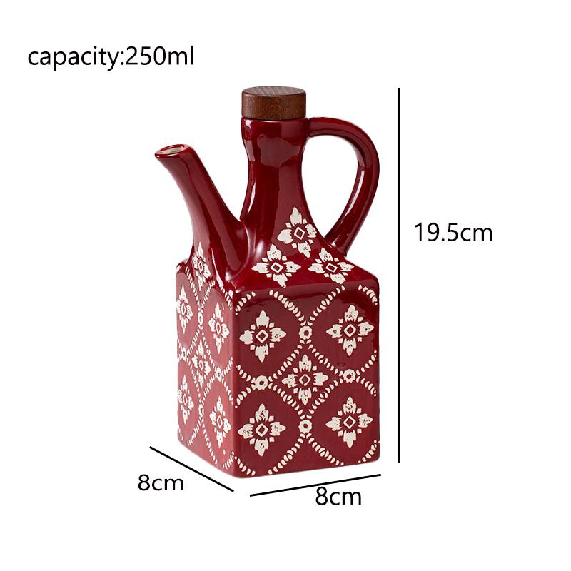250ML Vintage Square Ceramic Oil Bottle, Japanese Style Floral Soy Sauce Dispenser Cruet with Handle & Wood Lid