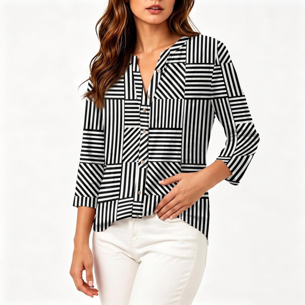 Women's Cotton Linen Shirt with Printed Pattern, Three-Quarter Sleeve Casual Blouse for Everyday Wear