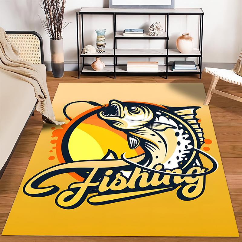 Fishing Design Carpet with Fish Graphic and Yellow Background Suitable for use as an anti-slip for living room bedroom sofas