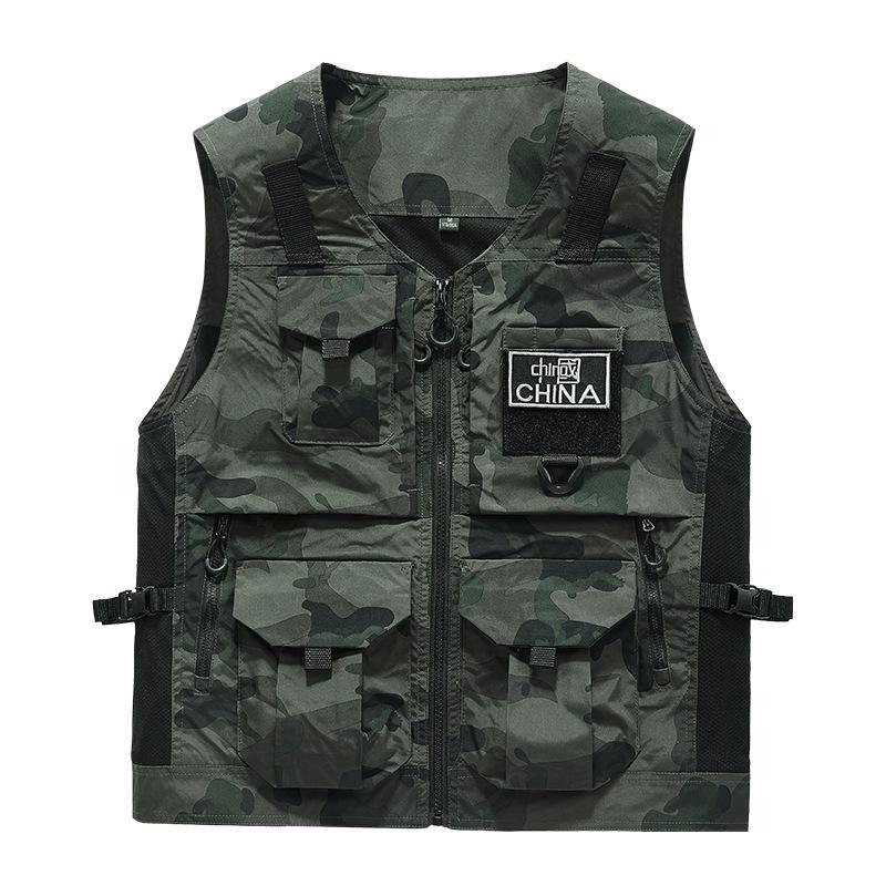 Herrenweste im chinesischen Stil Herbst Outdoor Tarnung Dreidimensionale aufgesetzte Tasche Stehkragen Lässige Arbeitsweste Jacke