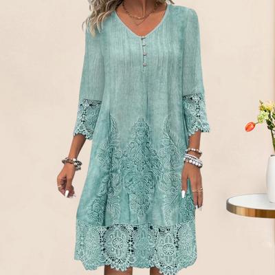 Summer Women Dress V Neck Hollow Out Lace Buttons Three Quarter Sleeves Embroidery Solid
