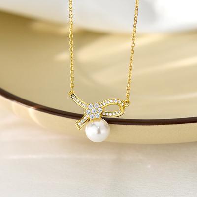 Diamond Knotted Pearl Necklace with A Light Luxury and High-end Feel, Exquisite and Niche Clavicle Chain