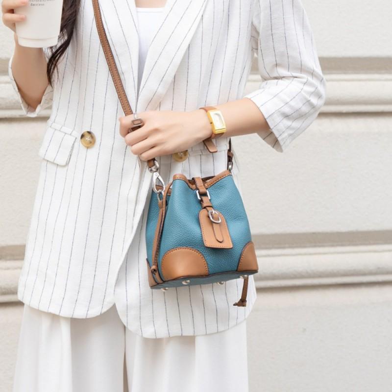 Fashionable Ins Drawstring Bucket Bag TOGO Top-layer Cowhide Contrasting Cross-shoulder Shoulder Genuine Leather Women's Single