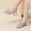 Women's Summer Block Heel Rhinestone Slippers Open Toe Soft Sole Non Slip Leather Mesh Hollow Out Outdoor Slippers Sandals