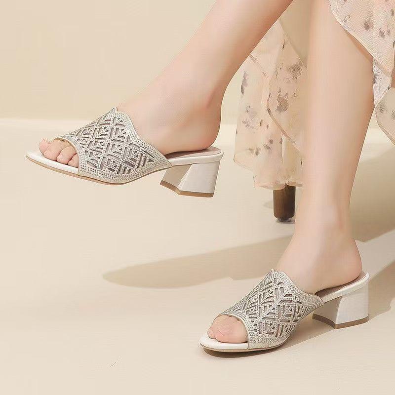 Women's Summer Block Heel Rhinestone Slippers Open Toe Soft Sole Non Slip Leather Mesh Hollow Out Outdoor Slippers Sandals