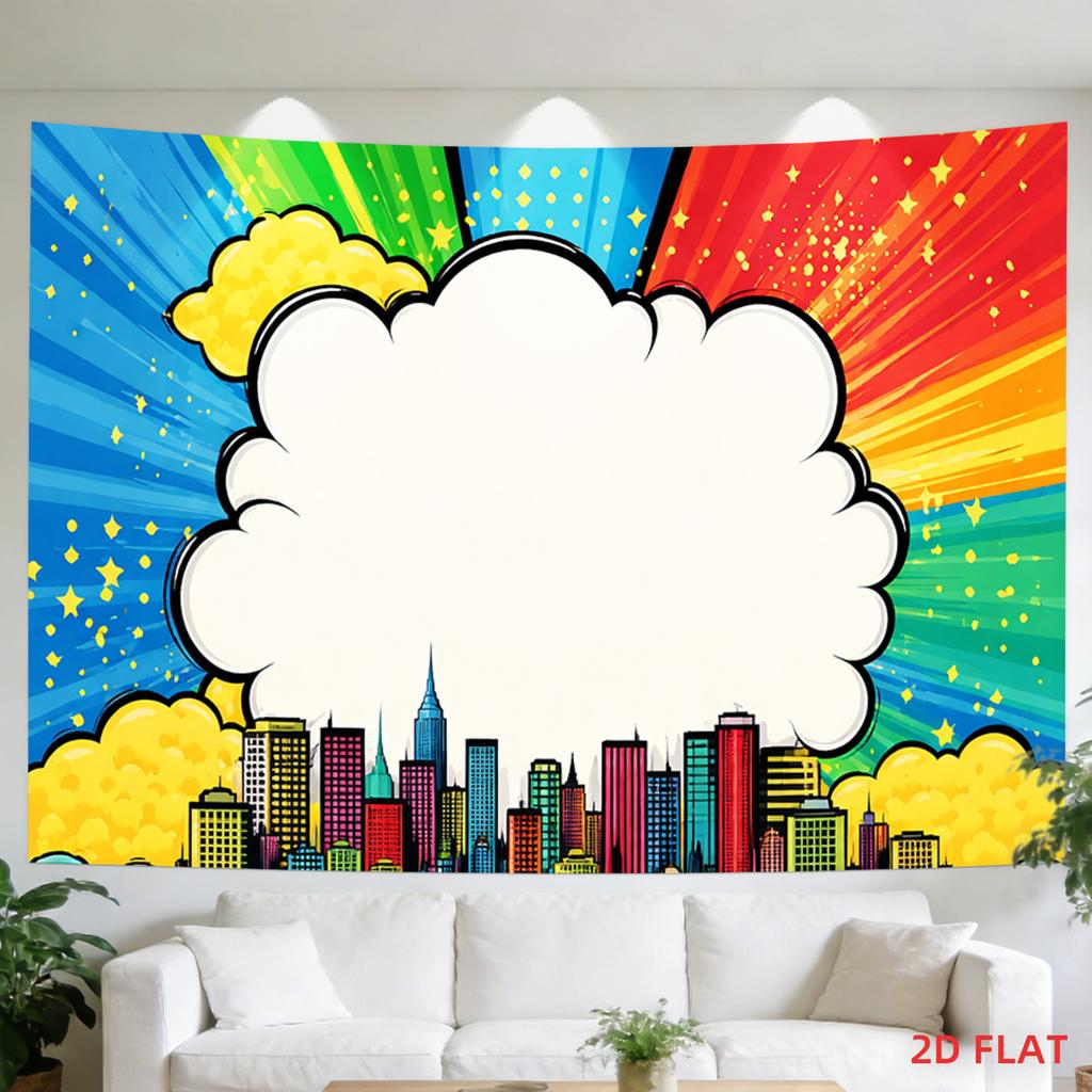 2D Flat - 2D Flat - A Tapestry Featuring a Large Or Small Design of an Urban Skyline with Colorful Clouds And a Rainbow Backdrop in a Comic Book Style