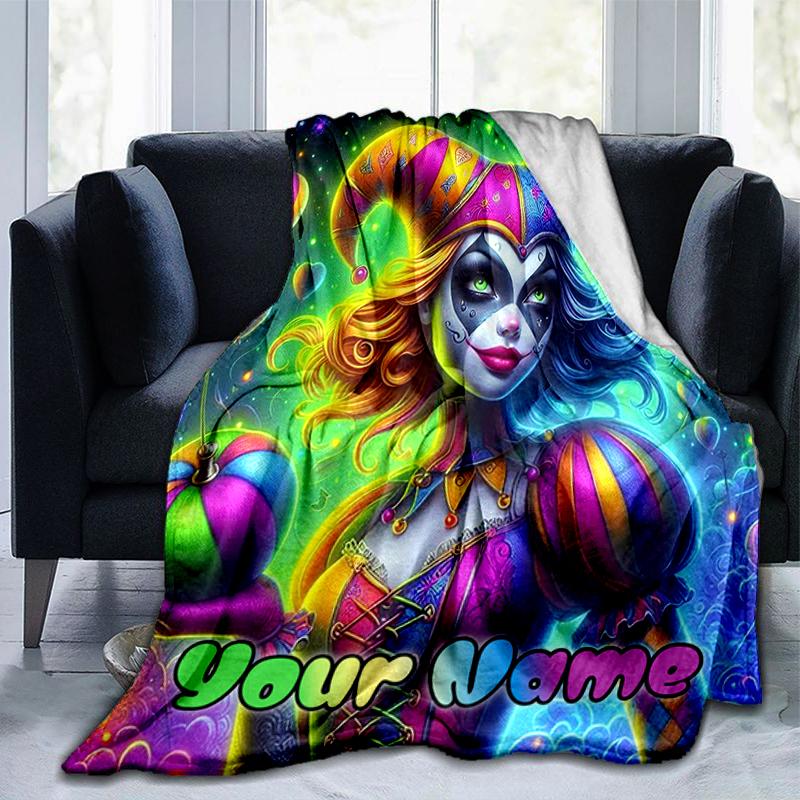 1PC Custom Name Colorful Jester Fantasy flannel blanket versatile,all-season throw suitable for the living room,bedroom,camping,travel,and gift