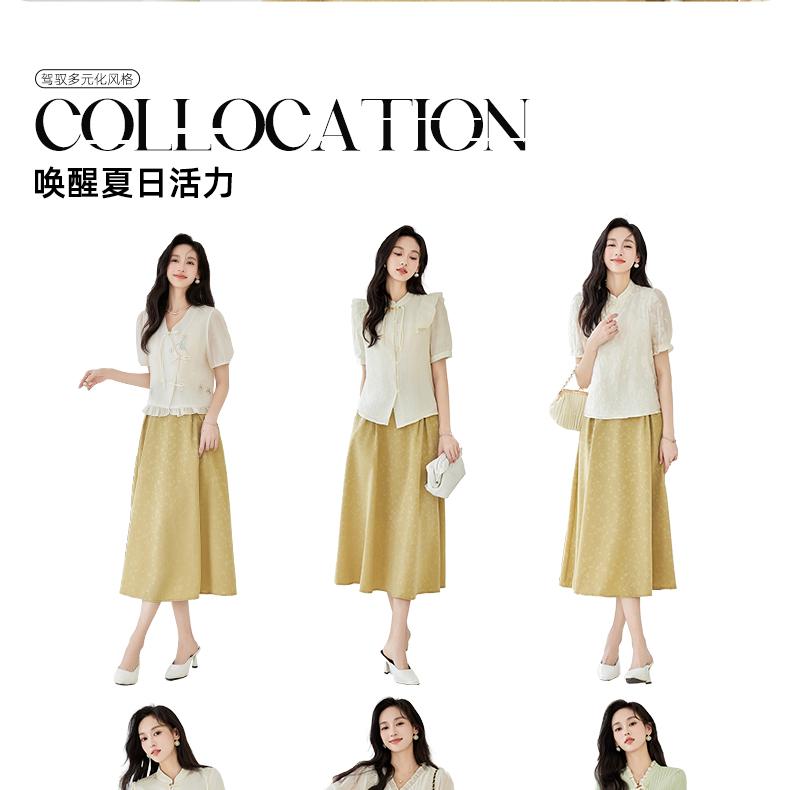 New Chinese style buckle V-neck embroidered pearl fabric hem with ruffle edge for age reducing, lightweight and breathable short sleeved shirt