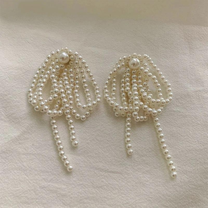 Korean Pearl Bow Tassel Earrings Handmade Pearl Beads Long Earring for Women Wedding Jewelry Temperament Dangle Ear Ring