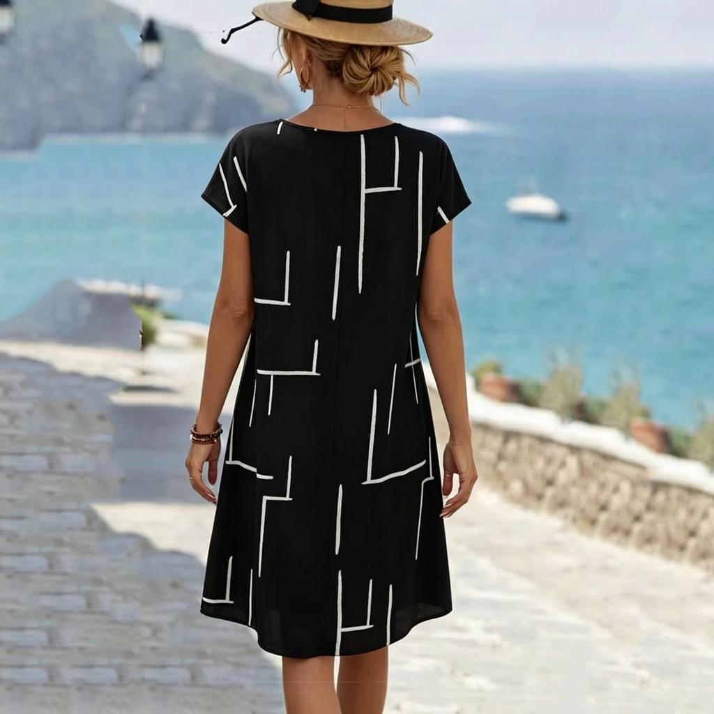 Women Casual Loose Short Sleeve Dress Summer Comfortable Knee Length A Line Dress Lightweight Breathable Fabric Simple Geometric Print